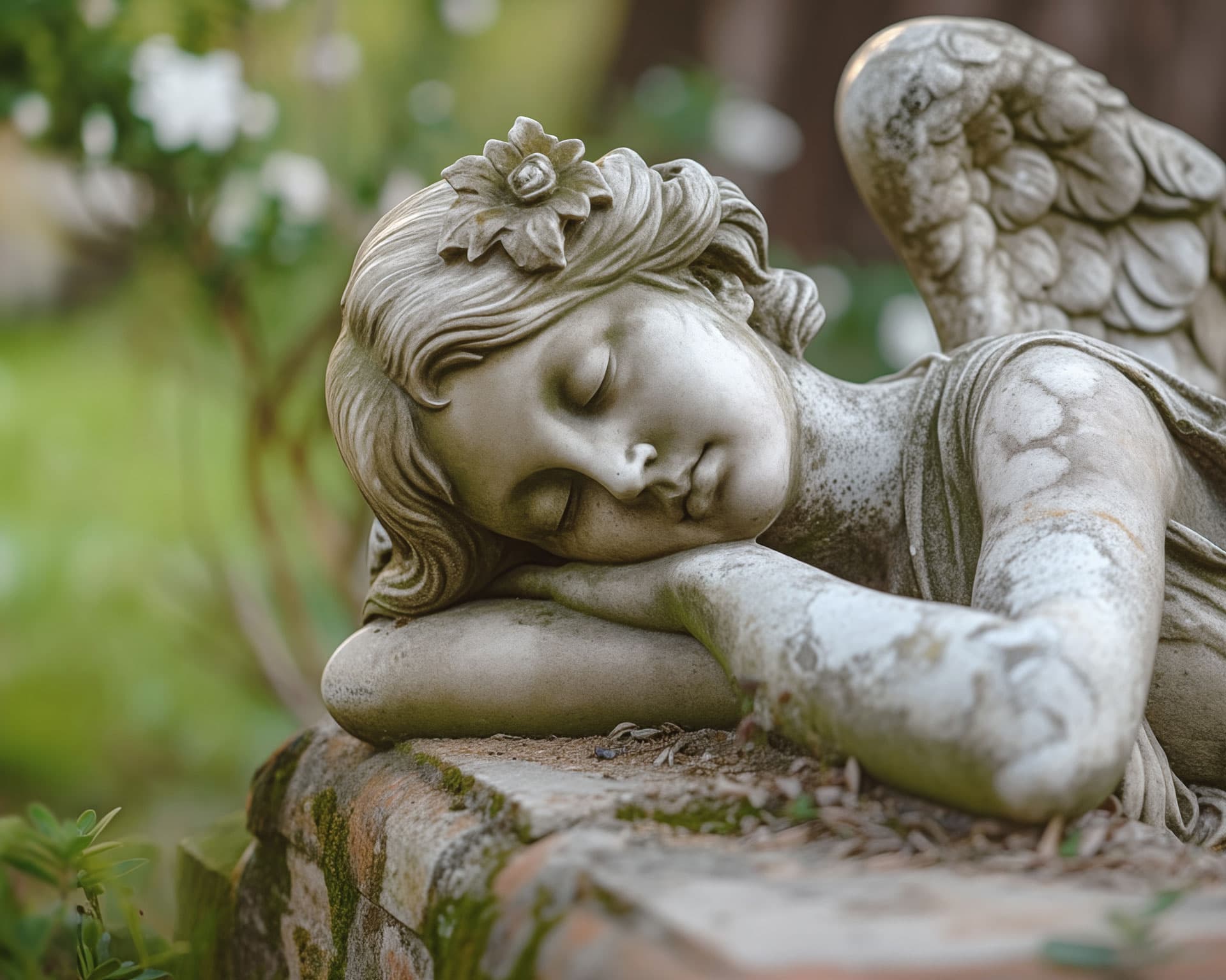 Schlafende Engelstatue auf einem Friedhof, symbolisch für anonyme Bestattungen bei Kuhn Bestattungen in Asperg, Bestatter für Ludwigsburg und Möglingen