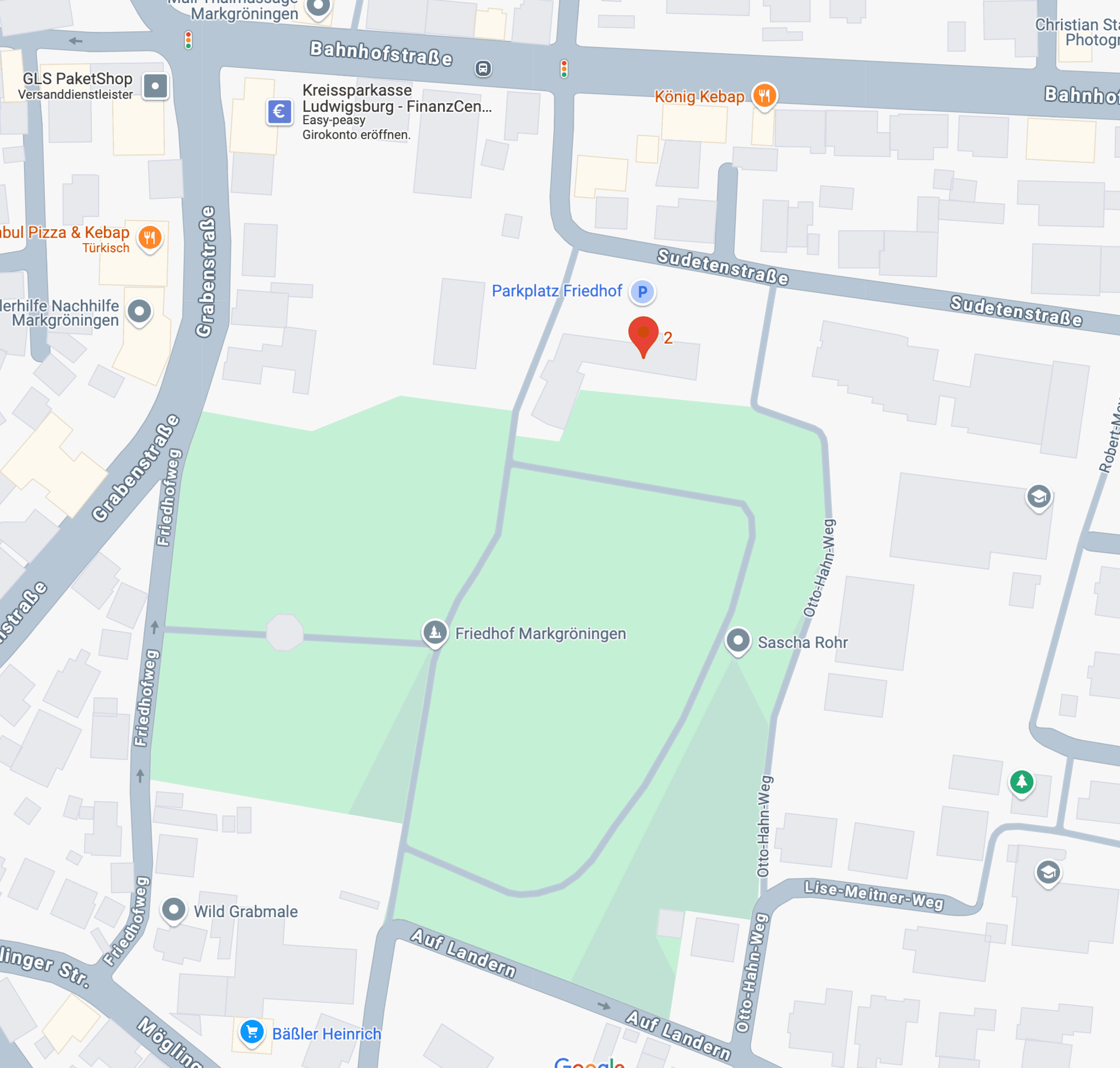 Google Standort des Friedhof Markgröningen und dem Parkplatz.