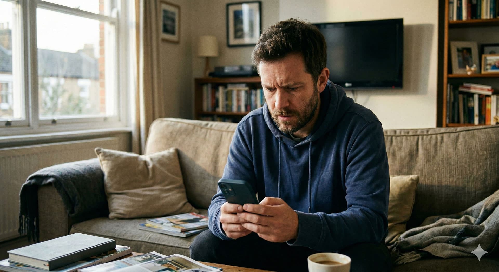 Digitaler Nachlass am Smartphone Nachdenklicher Mann mit blauem Hoodie sitzt auf dem Sofa und blickt auf sein Smartphone.