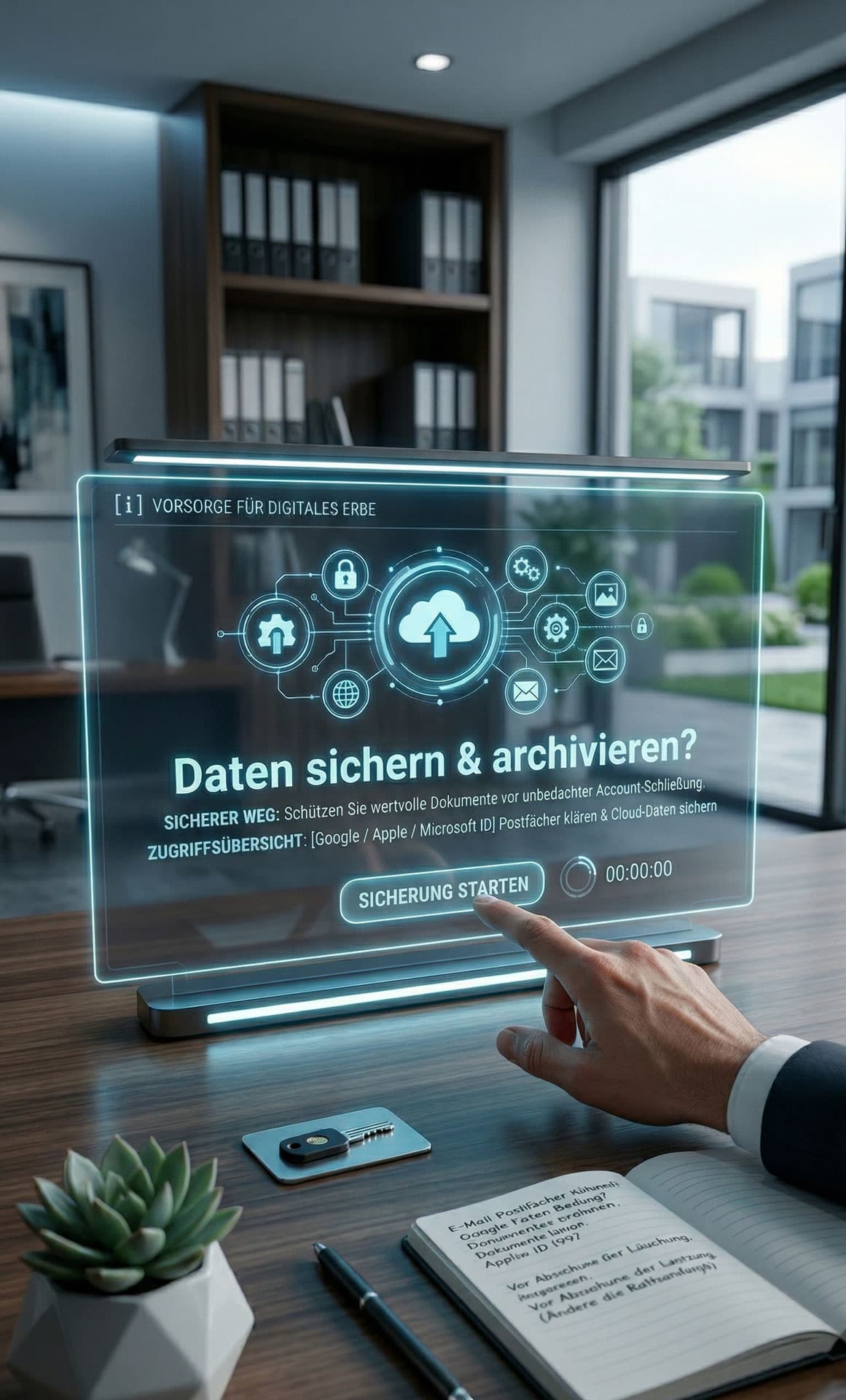 Transparenter Touchscreen auf Schreibtisch zeigt Vorsorge für digitalen Nachlass mit Cloud-Symbol und Hand.