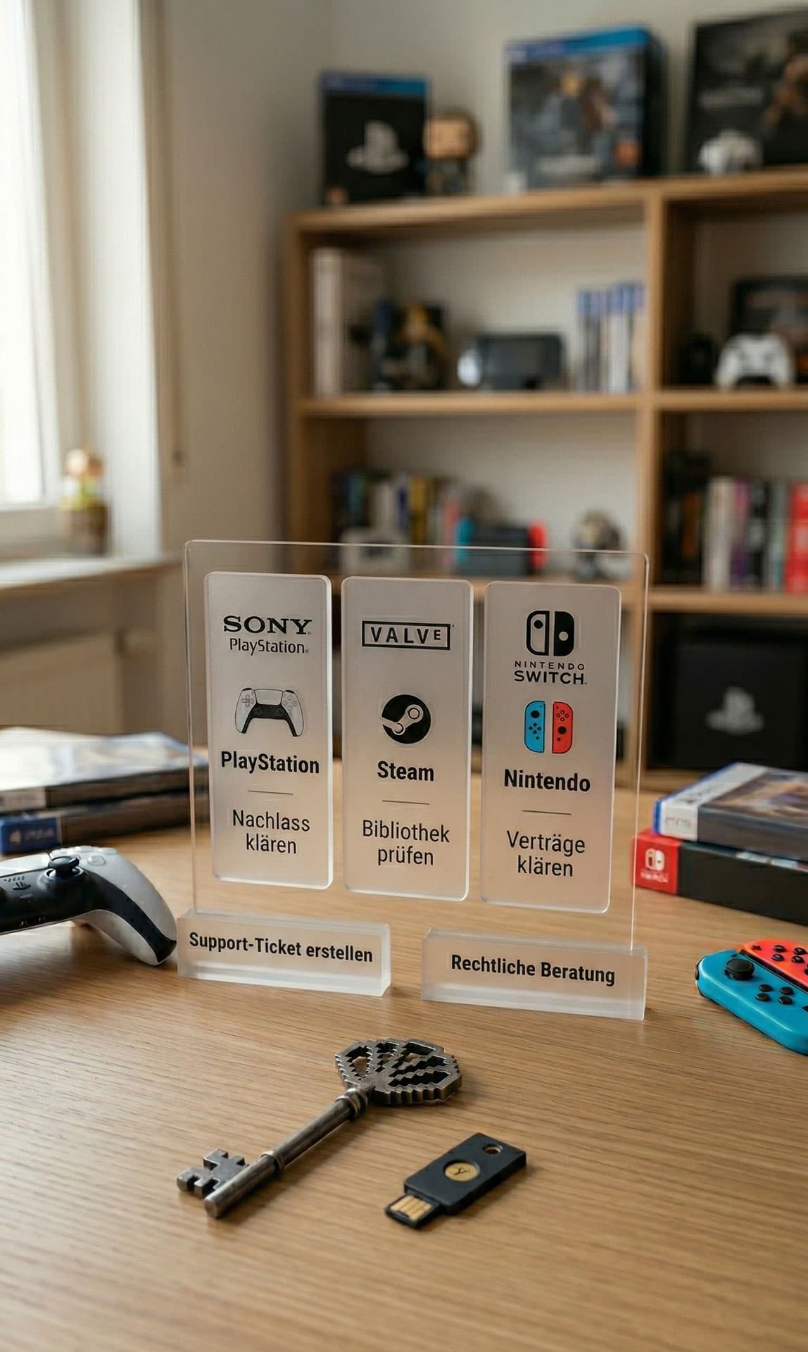 Acrylaufsteller mit PlayStation-, Steam- und Nintendo-Hinweisen zum digitalen Nachlass auf Schreibtisch, daneben Controller und Sicherheitsschlüssel
