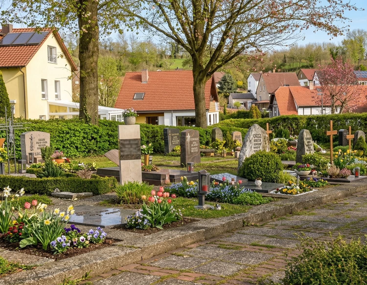 Ein weitwinkliges Foto des Friedhofs Untermberg an einem sonnigen Frühlingstag. Im Vordergrund gepflegte Urnengräber mit blühenden Tulpen, Narzissen und Stiefmütterchen.