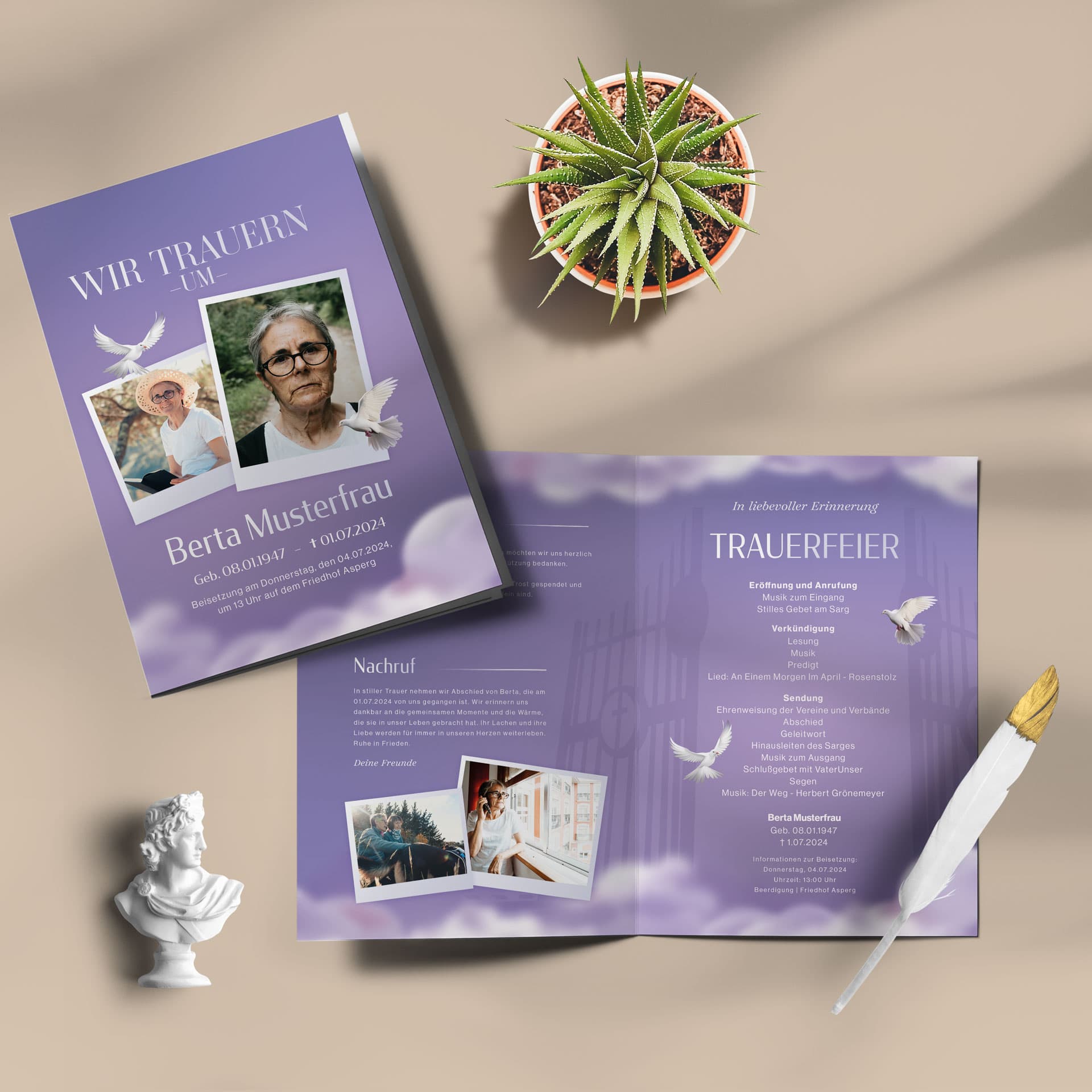 Individuell gestaltete Danksagungskarte mit Fotos und Textbeispielen, erstellt von Kuhn Bestattungen. Unterstützende Gestaltung von Danksagungen für Traueranzeigen und Gedenkkarten im Raum Ludwigsburg und Stuttgart.