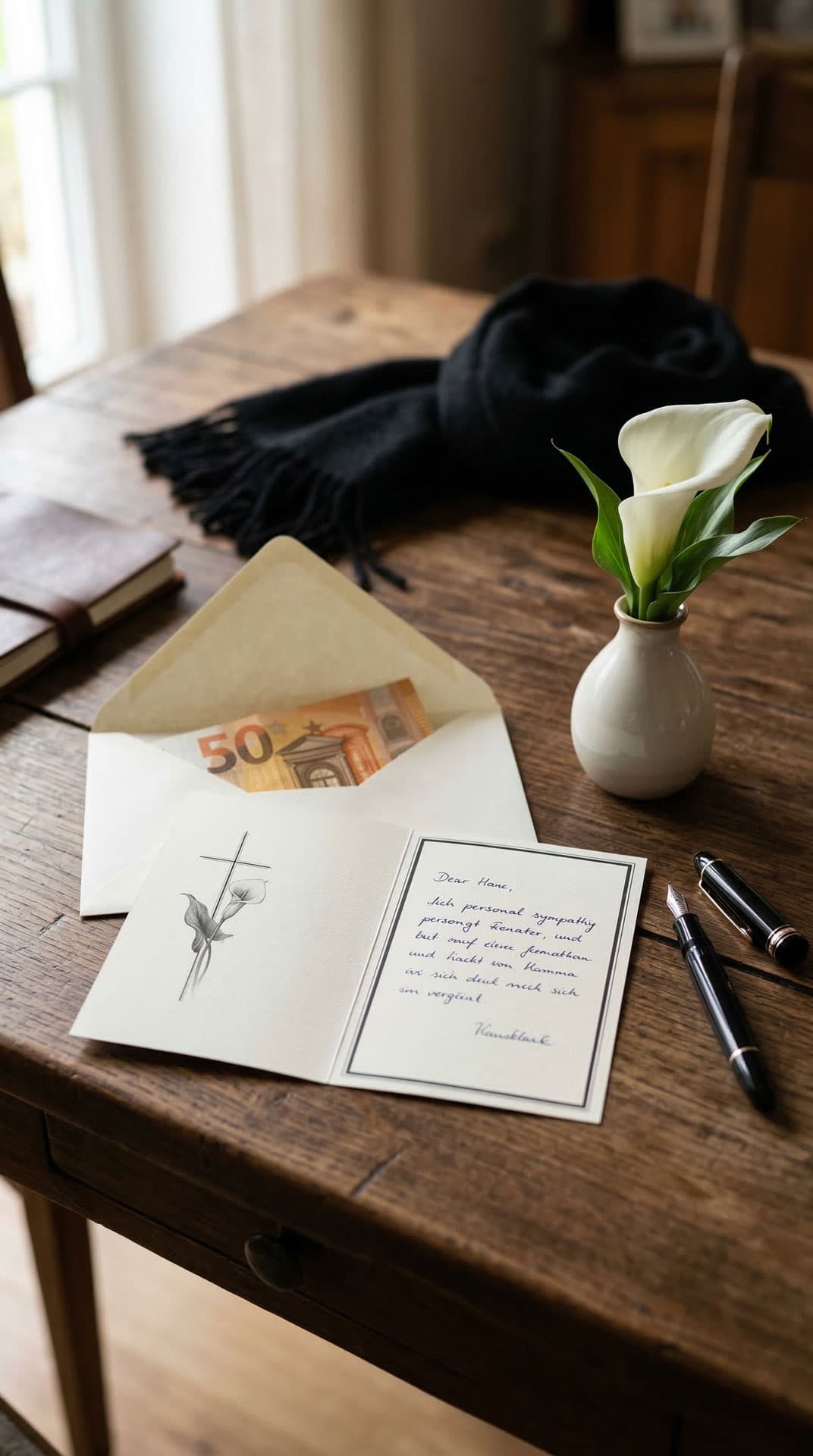Eine auf einem Holztisch liegende Trauerkarte mit Kreuz-Illustration und ein geöffneter Briefumschlag, aus dem ein 50-Euro-Schein ragt. Ergänzt durch eine weiße Calla-Blüte und einen Füller. Symbolbild zur Tradition der Geldspende in der Beileidskarte – Kuhn Bestattungen.