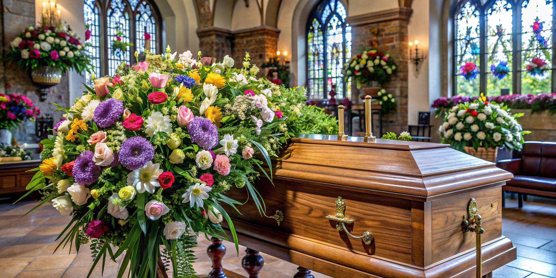 Sarg mit Blumenarrangement bei einer Trauerfeier in Asperg - Kuhn Bestattungen, Bestatter Asperg, Erdbestattung